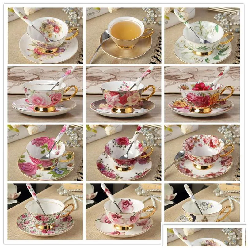 european luxurious bone china coffee cup and saucer set household ceramic flower tea cup 1020