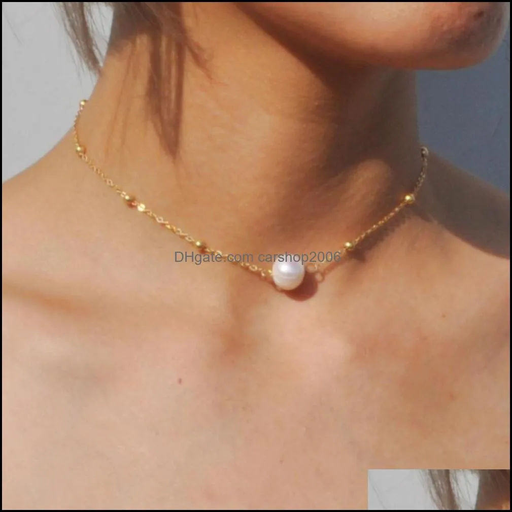 handmade simple delicate gold layered chokers for women girls chain necklace with artificial pearl wholesale
