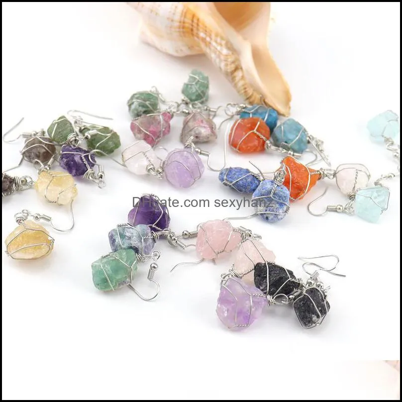 wire wrap natural crushed stone rough crystal agate dangle earrings wholesale women jewelry