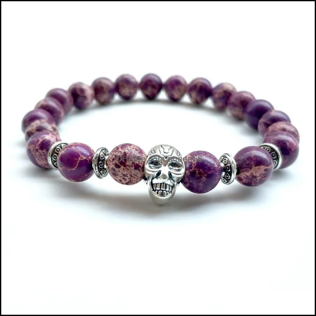 10pc/set wholesale 8mm natural gemstone beaded cz skull bangle women health indian agate stone beads bracelet for men