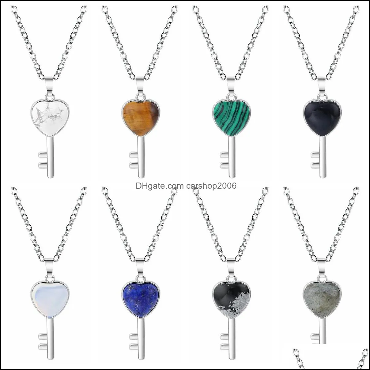 lucky love heart key pendant necklace for women men birthstone healing chakra crystal quartz jewelry 45cm silver chain