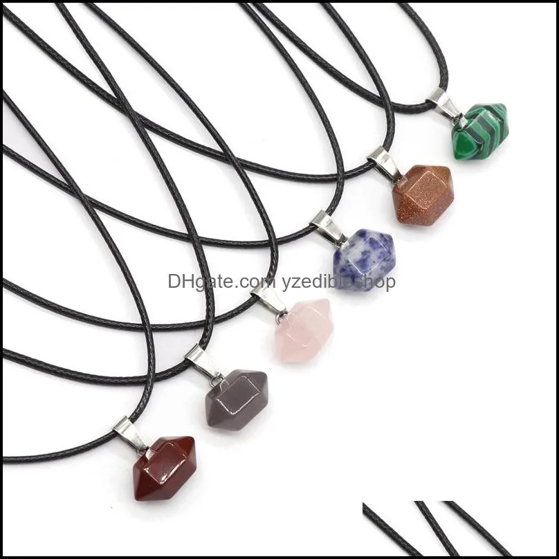 natural stone hexagonal tiger eye stone turquoise opal quartz crystal pendant necklaces for women reiki heal crystal pendulum charms leather rope