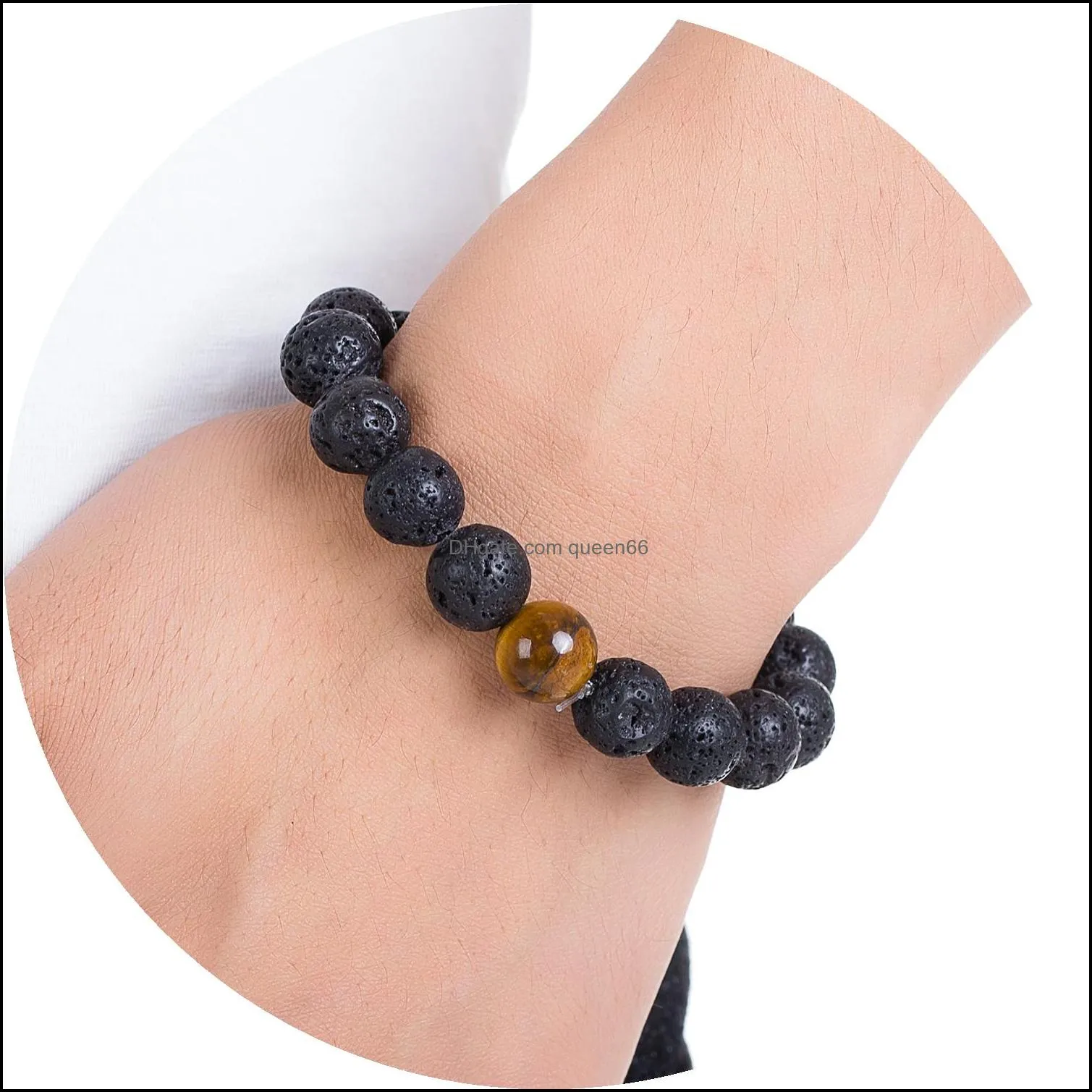 mens lava rock beaded bracelets strand black volcanic 10mm round essential oil diffusion beads with 1pcs natural gemstone yoga wrist