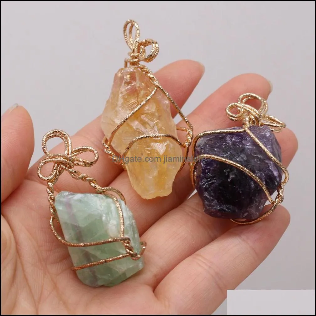 wire wrap irregular raw chakra natural stone charms pendant reiki healing crystal charm fashion diy necklace jewelry making wholesale