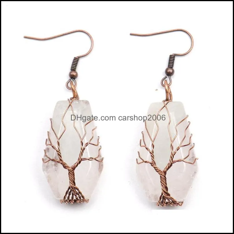 bronze natural stone crystal agate dangle earrings wrap tree of life lucky treature coffin shape charms earrings wholesale women