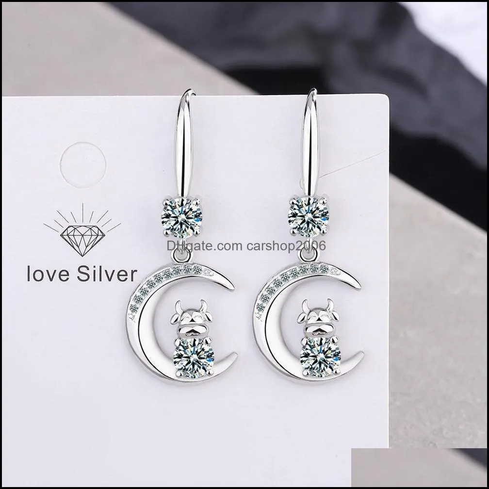 moon cow charms s925 stamp silver earrings blue pink white zircon earring jewelry shiny crystal tassel hoops piercing earrings for women wedding party