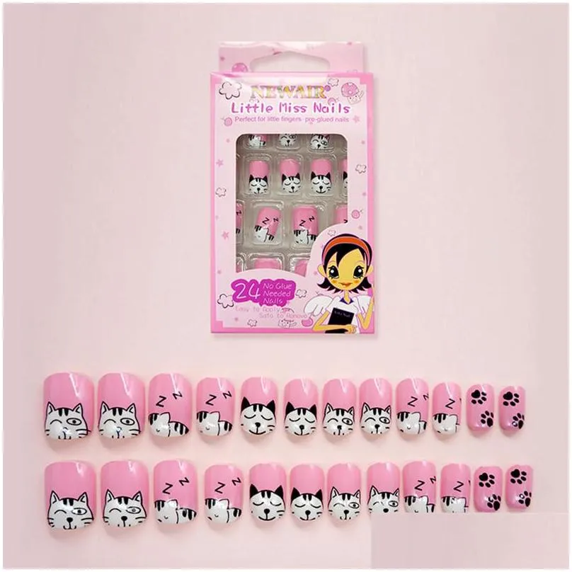 24pcs/set cartoon style kids fake nails detachable full cover press stick on nails decor children gift