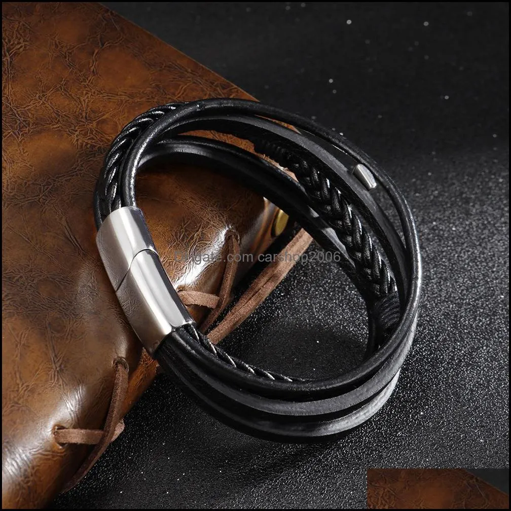 handmade multi layered braided leather cross bracelet for men women chain link black cord vintage wrist band rope cuff bangle jewelry magnetic