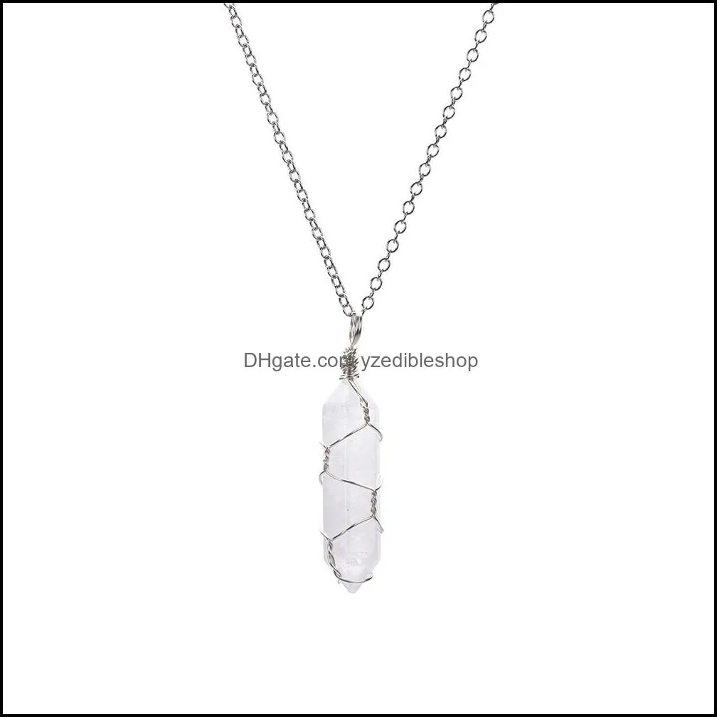 hexagonal cylindrical crystal necklace natural stone pendant wire wrap stone necklace for women men jewelry