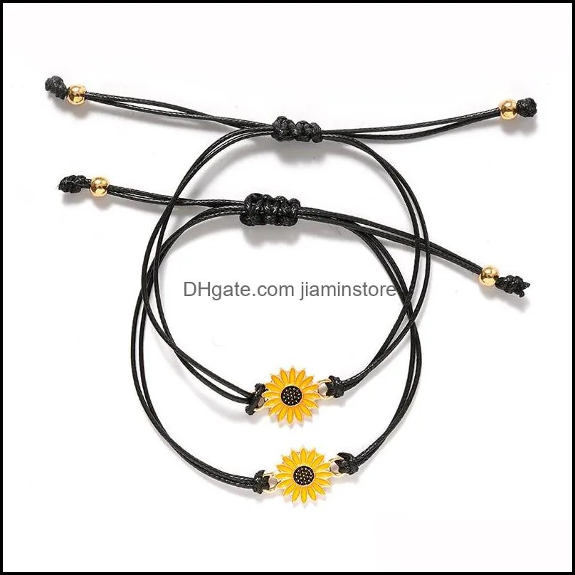 bohemian enamel sunflower charms strand braided bracelet sister love friendship child adjustable rope daisy wristband jewelry card