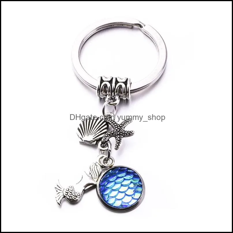 fashion drusy druzy key rings colouful mermaid scale shell starfish pendant keychain fish scale shimmery key chain for women