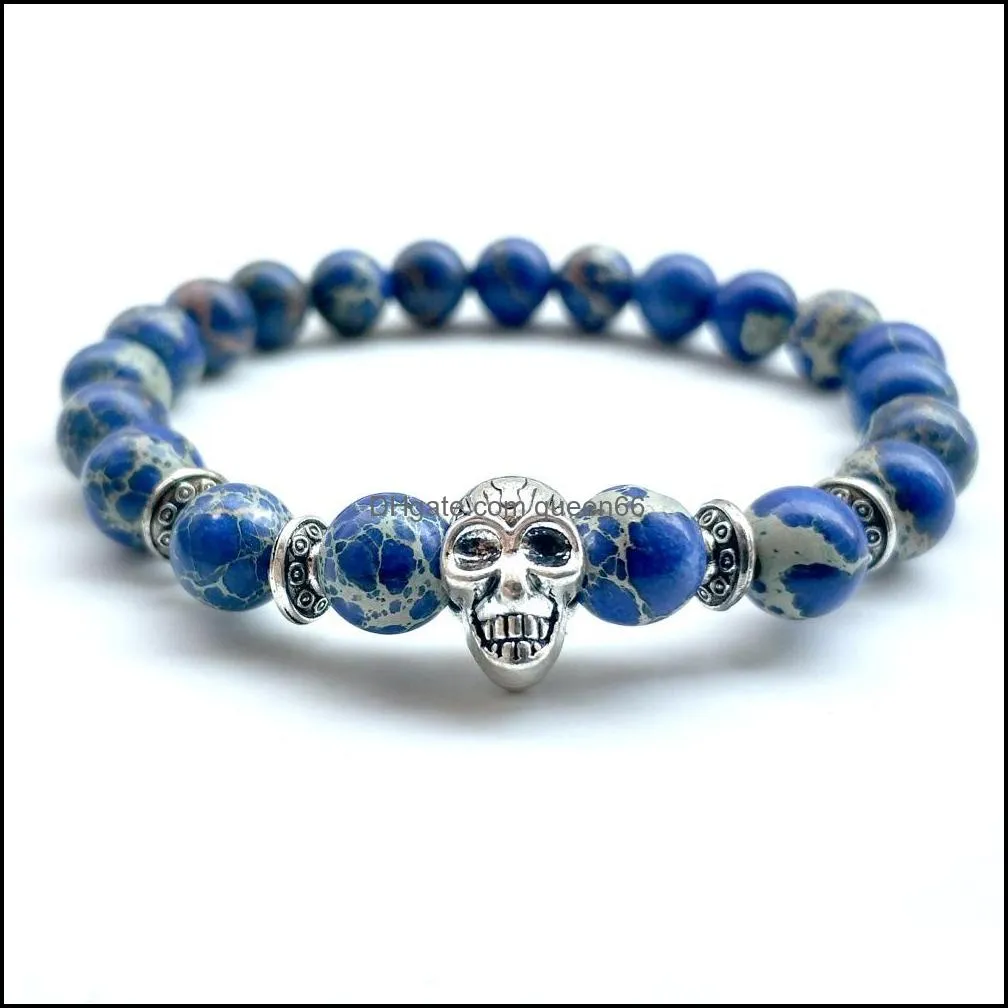 10pc/set wholesale 8mm natural gemstone beaded cz skull bangle women health indian agate stone beads bracelet for men