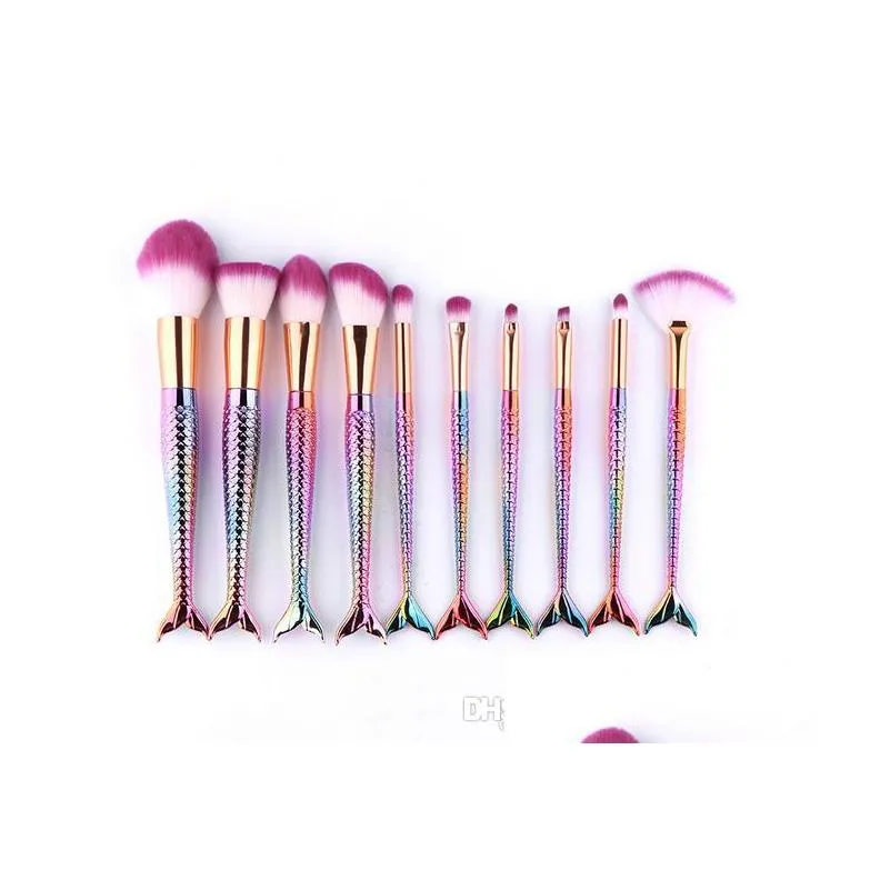 professional 10 pcs mermaid makeup brushes set foundation blending powder eyeshadow contour concealer blush cosmetic makeup tool