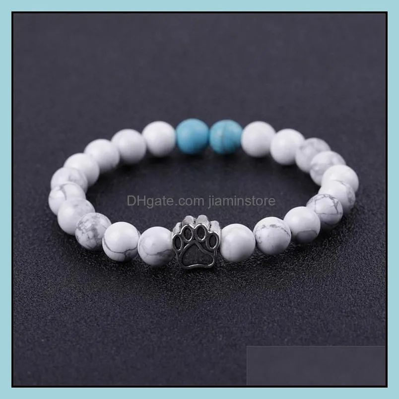 dog paw 8mm stone beads charms bracelet women men bangle beaded hand strings