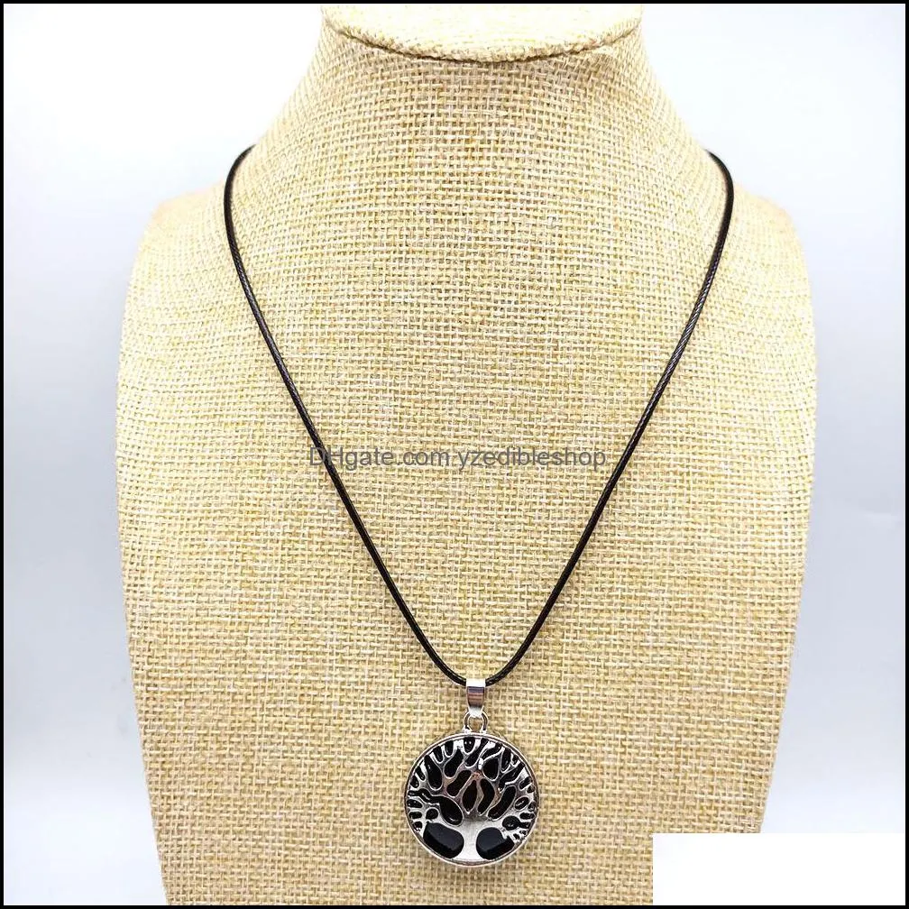 natural stone tree of life pendant necklace for women men black turquoise quartzs pu chain necklace jewelry