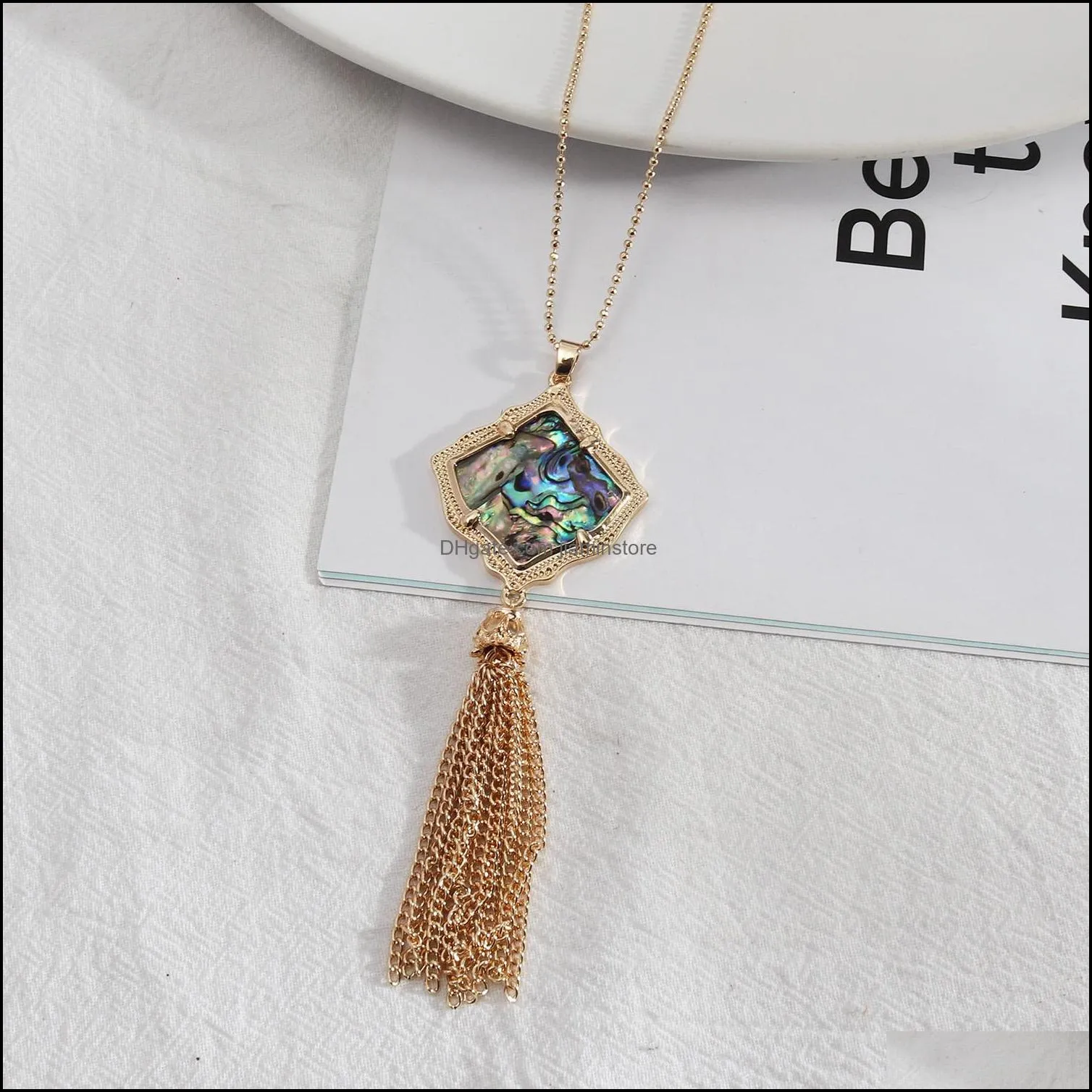 frame inspired abalone shell papper leopard leather metal tassels pendant snakeskin long chain sweater necklace geometric women