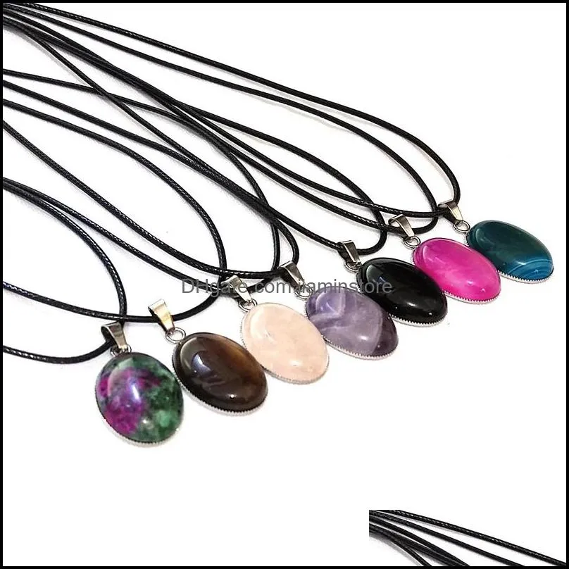 oval reiki stones turquoise pink quartz charms pendant leather necklace for women men gift accessories