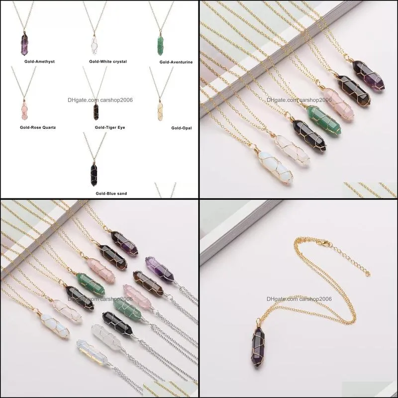 hexagonal cylindrical crystal necklace natural stone pendant wire wrap necklace for women men fashion jewelry