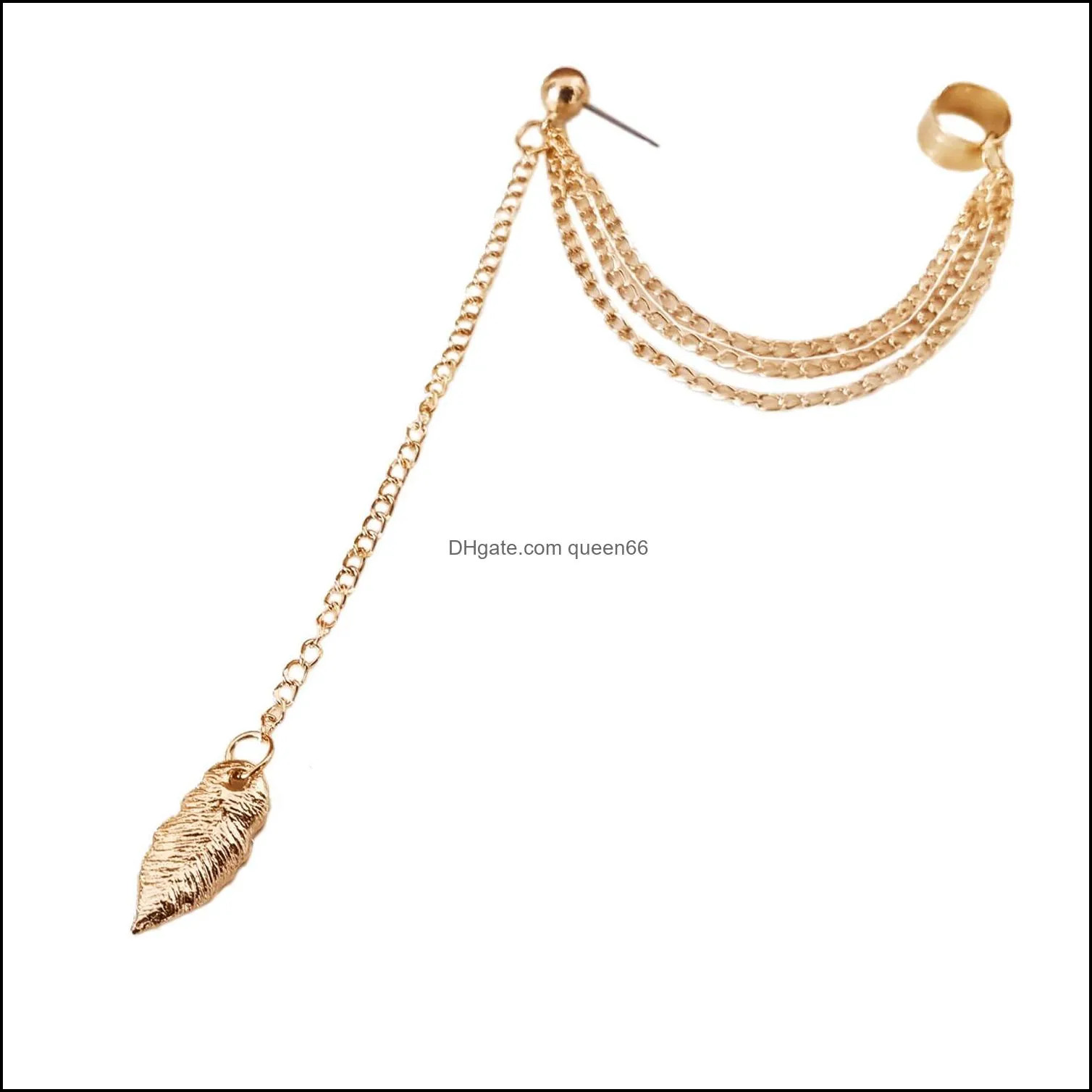 women girl charm stylish punk rock leaf chain tassel dangle ear cuff wrap earring sterling and golden jewelry