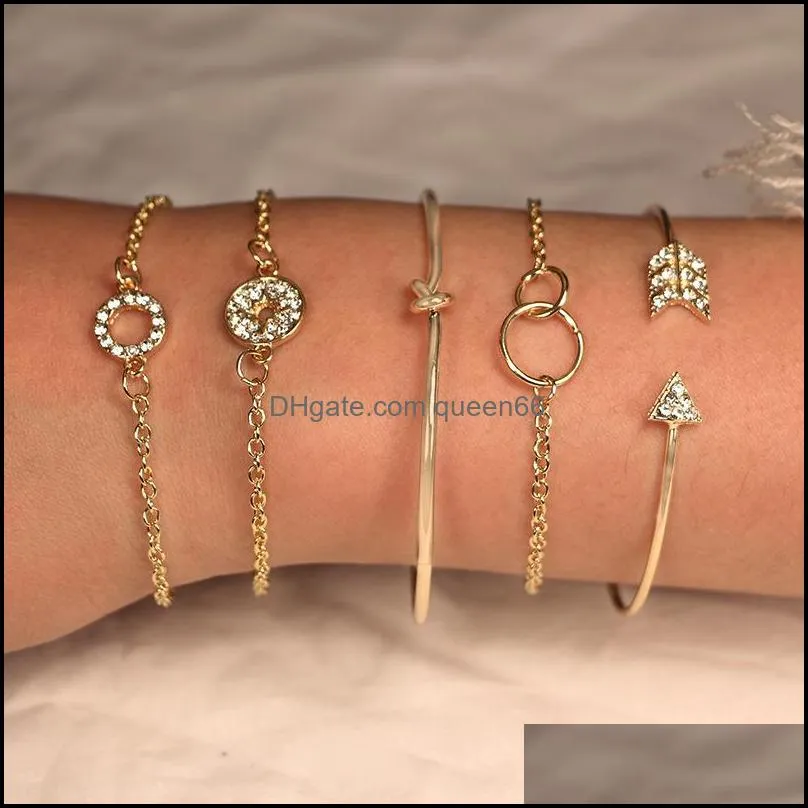 5pcs simple personality twig ring diamond arrow combination adjustable cuff open bracelet stackable wrap bracelet set womens girl5 gold