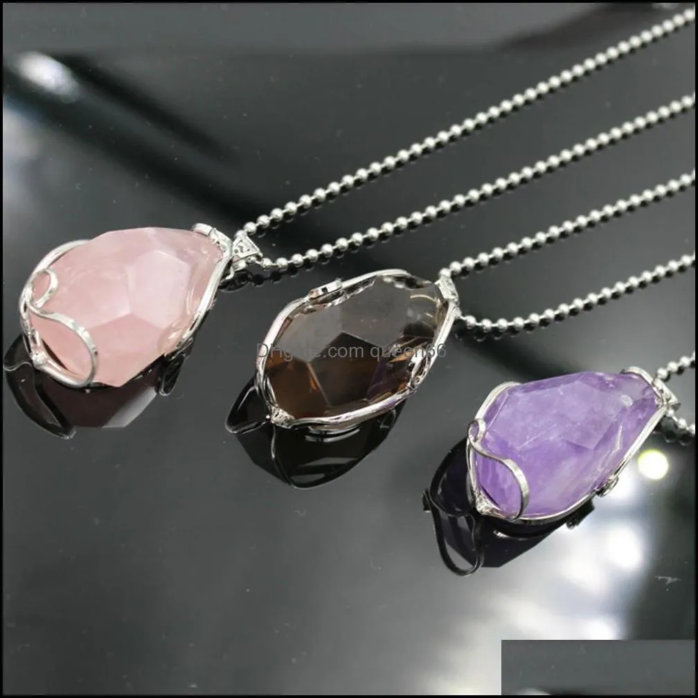 silver plated wire wrap irregular necklace cut gemstone healing energy natural crystal pendant necklaces amethyst powder tea