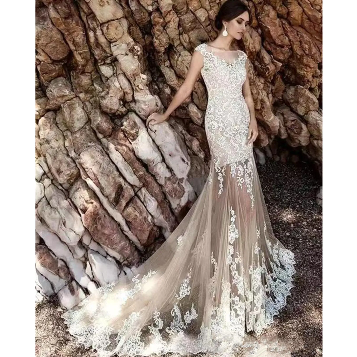 Modern Lace Mermaid Wedding Dresses With Detachable Skirt Sexy Sheer Cap Sleeve Scoop Neck Appliqued Long Summer Boho Bridal Gowns
