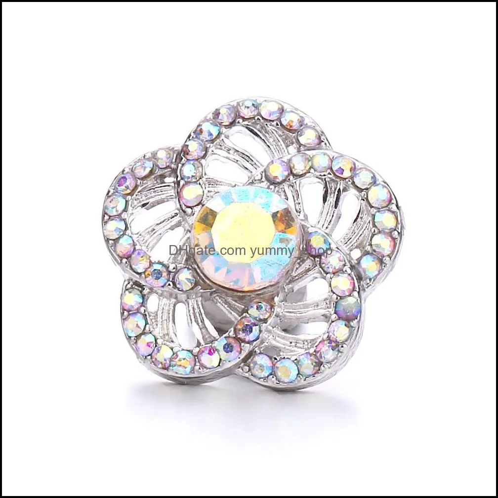 colorful flower crystal snap button jewelry components silver hollow 18mm metal snaps buttons fit bracelet bangle noosa for women men