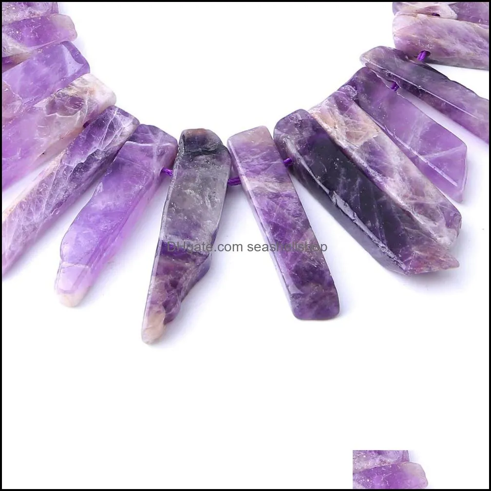 natural raw amethyst crystal quartz stone stick point beads top drilled purple loose beads pendant for jewelry making about 2mm hole