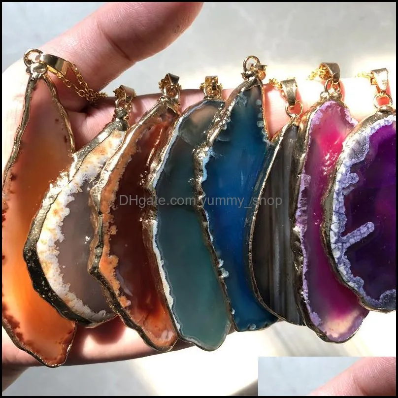 gold plating natural agate stone slices charms green purple agate slice wind bell tablet sweater chain pendant home ornaments