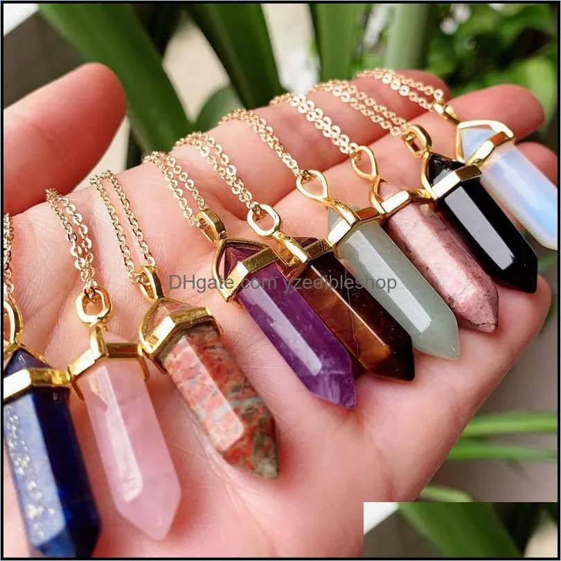 reiki real natural stone necklace chakra pendant hexagonal bullet amethysts pink purple crystal necklace women jewelry