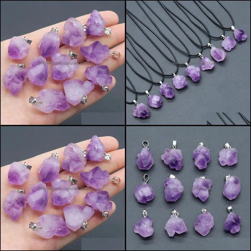 irregular natural amethyst rough stone pendant purple druzy druze charms black rope chain necklace for women men