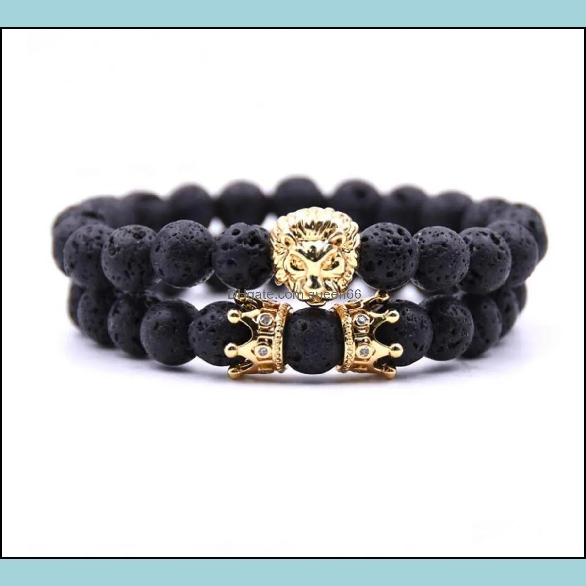 2 pcs/set animal king  head lava stone bracelet black natural stone crown couple braclet sets for men hand jewelry accessories