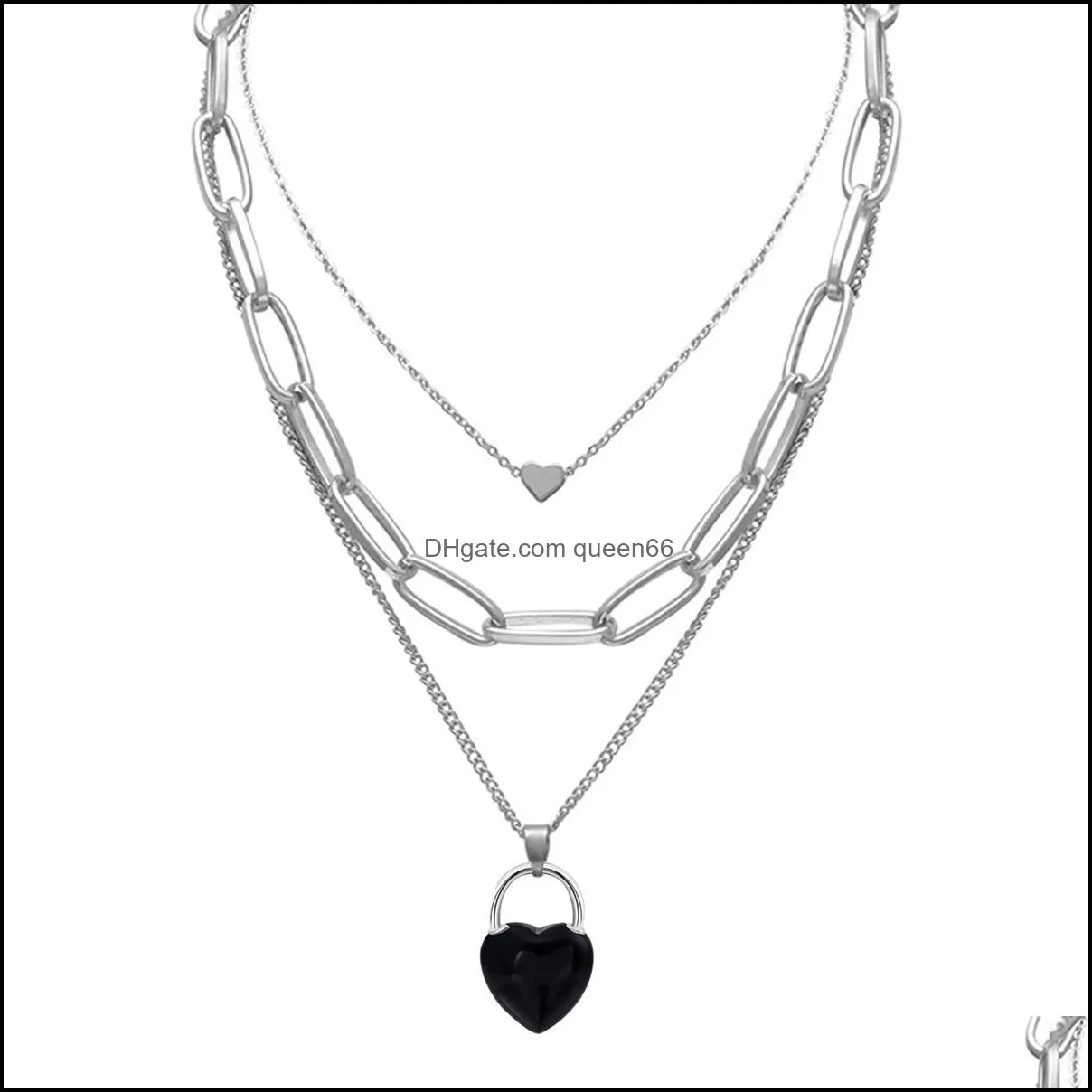 chunky punk silver chain choker cuban link statement jewelry for women and girls layered gemstone heart lock pendant necklace