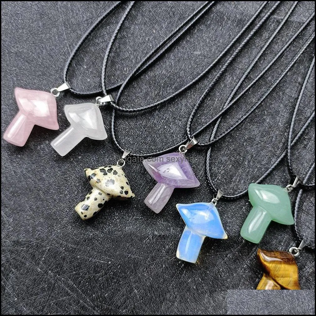 23x28mm carving mushroom shape pendant reiki healing crystal tiger eye rose quartz opal aventurines necklace for women jewelry