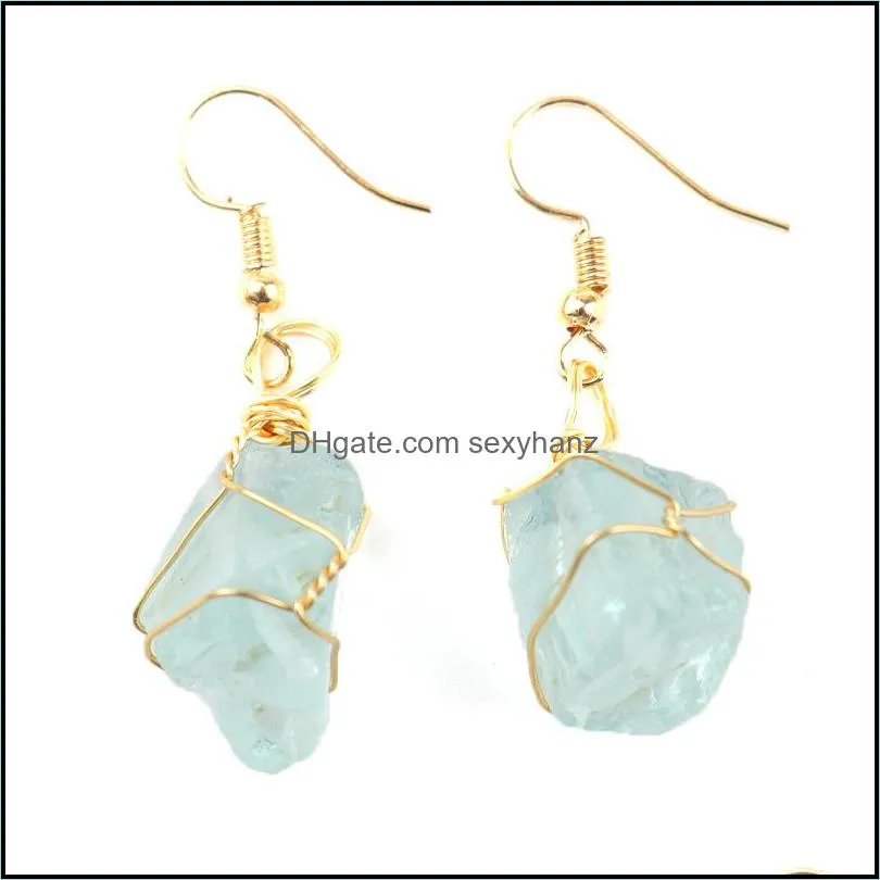 gold wire wrap natural crushed stone rough crystal agate dangle earrings wholesale women jewelry