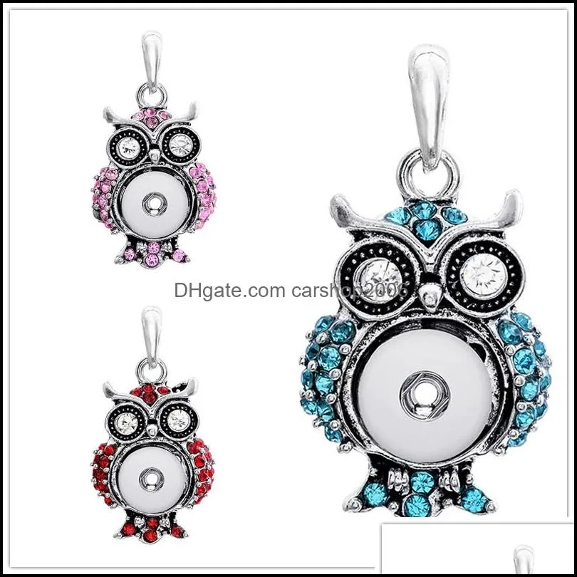 silver color snap button jewelry owl rhinestone pendant fit 12mm snaps buttons necklace for women men noosa