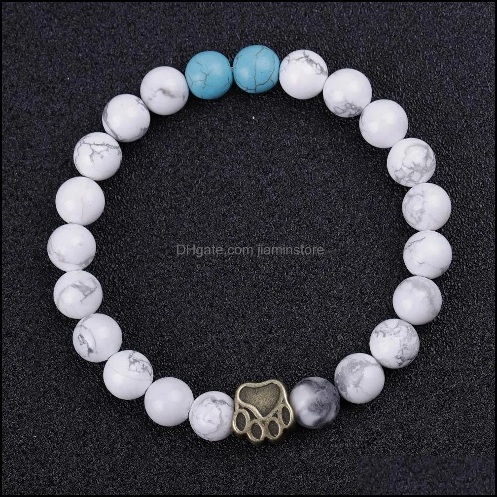 dog paw 8mm stone beads charms bracelet women men bangle beaded hand strings