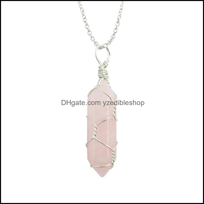 fashion silver gold plated hexagon healing crystal necklace opal turquoise natural stone pink quartz chakra necklaces jewelry