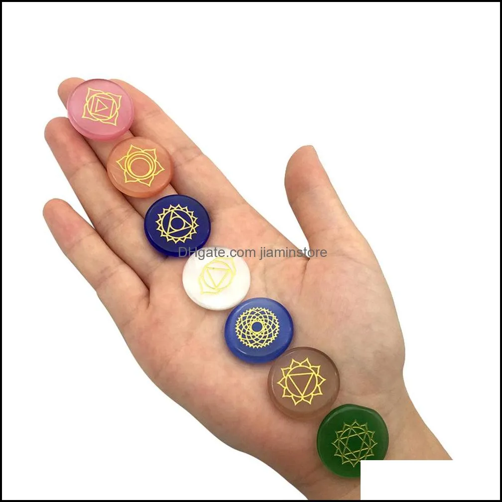 7pcs chakra reiki crystals healing opal cat eye stone seven chakras symbols holistic energy balancing polished hand piece natural stones beads