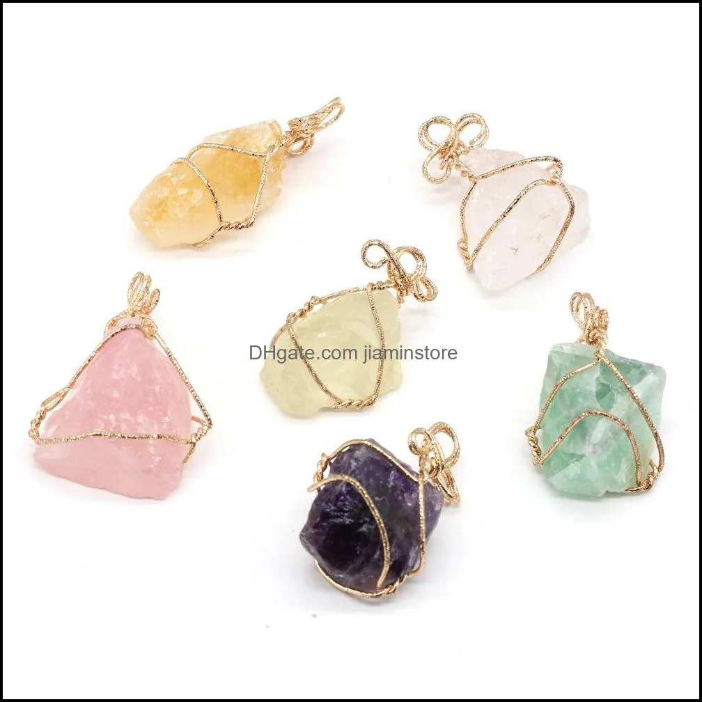 wire wrap irregular raw chakra natural stone charms pendant reiki healing crystal charm fashion diy necklace jewelry making wholesale