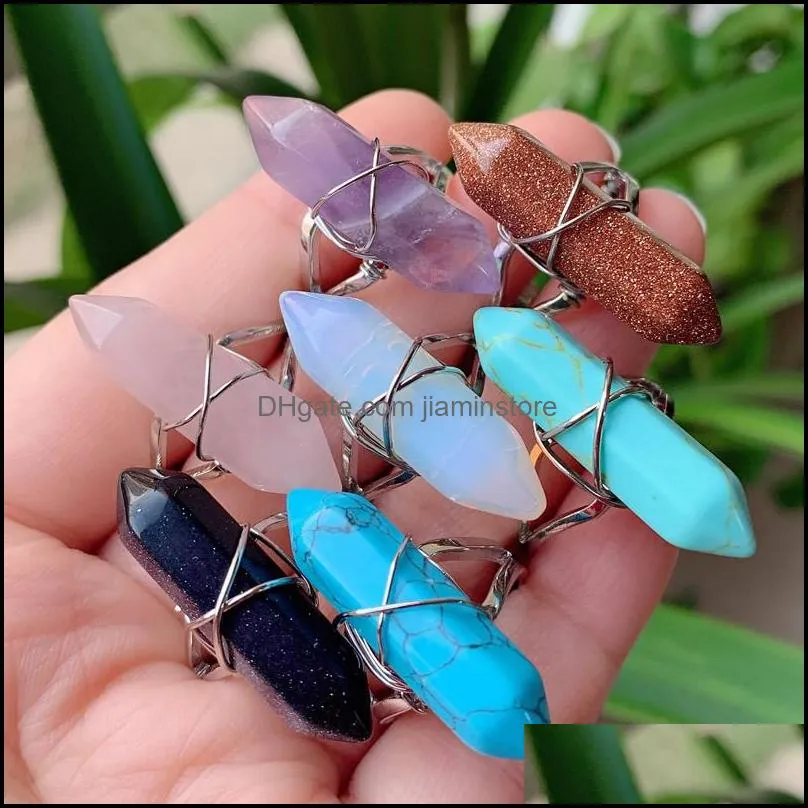 fashion wire wrapped crystal rings healing stone natural women ring adjustable open bullet shape amethysts pink quartz tiger eye lapis finger