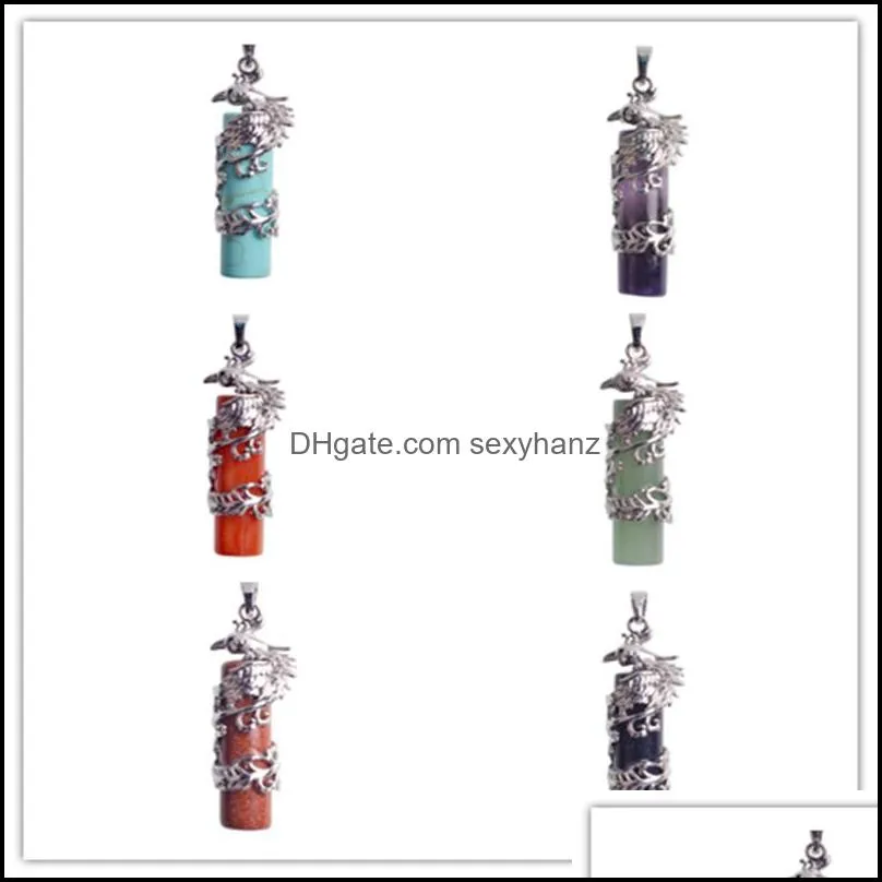 dragon and phoenix pendant column pillar pyrite natural gemstone tribal ethnic carved necklace stainless steel bail