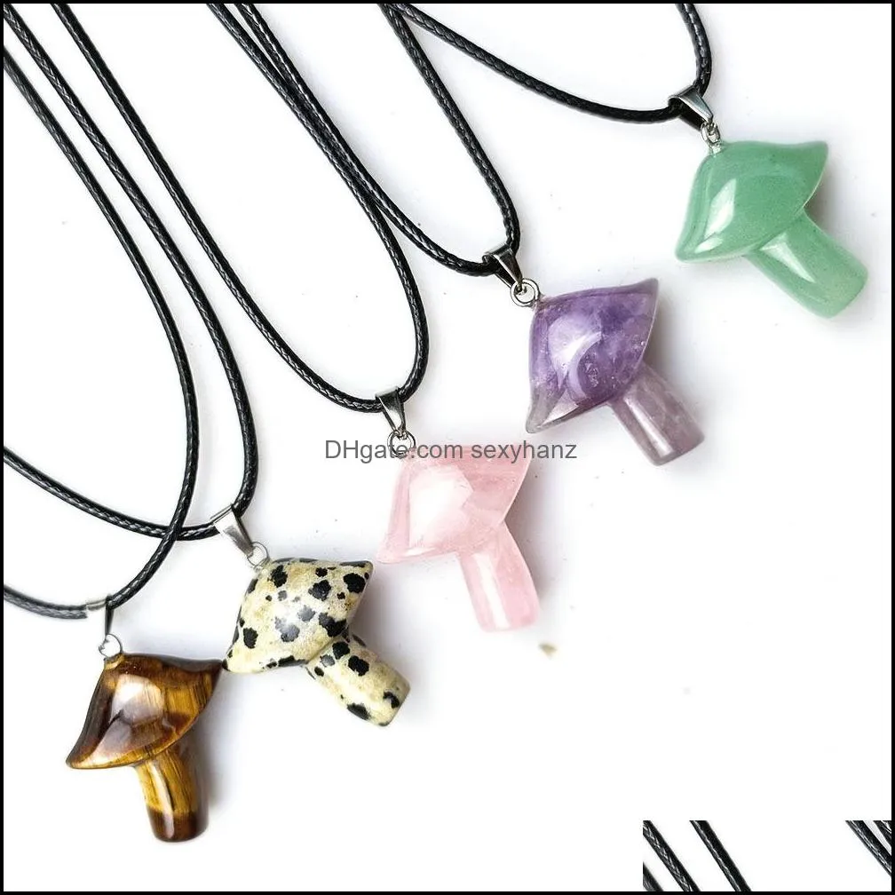 23x28mm carving mushroom shape pendant reiki healing crystal tiger eye rose quartz opal aventurines necklace for women jewelry