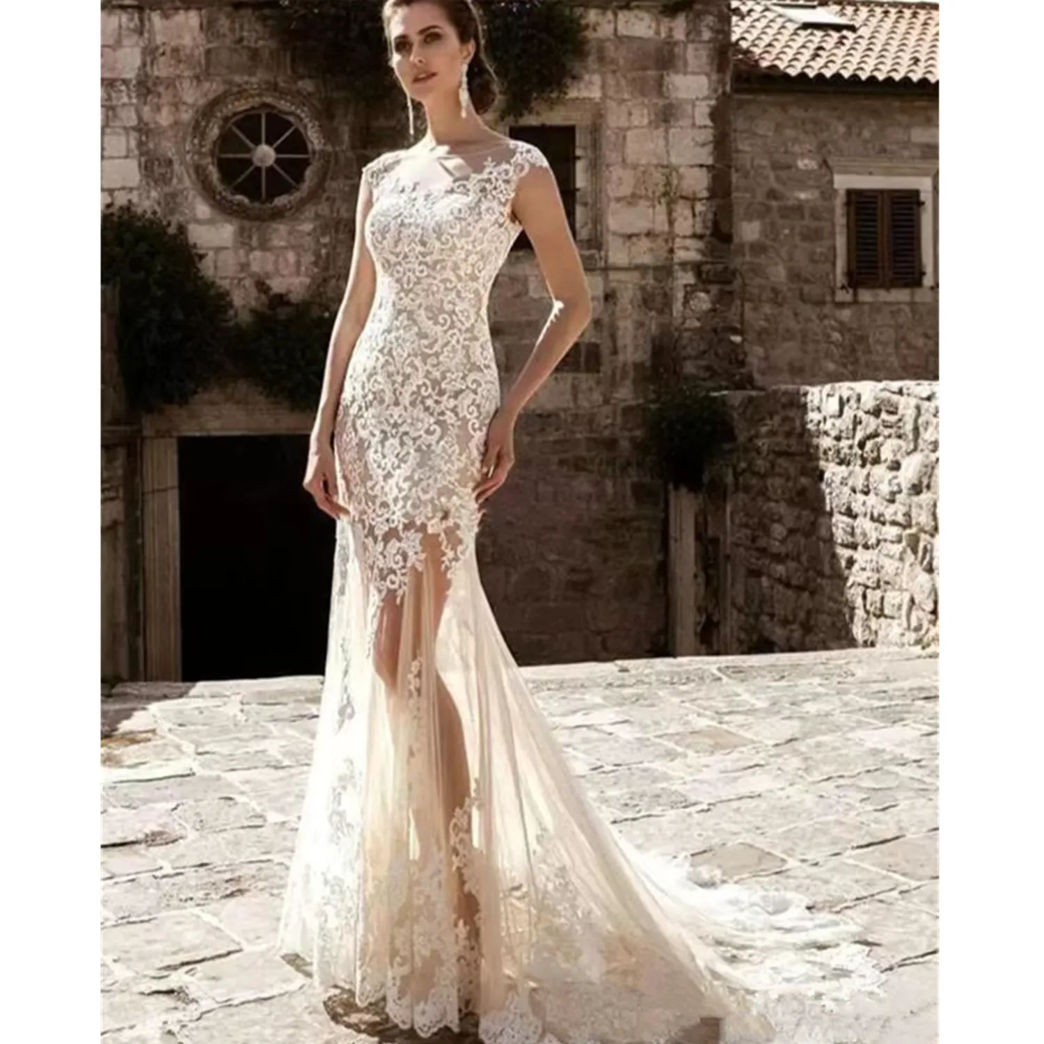 Modern Lace Mermaid Wedding Dresses With Detachable Skirt Sexy Sheer Cap Sleeve Scoop Neck Appliqued Long Summer Boho Bridal Gowns