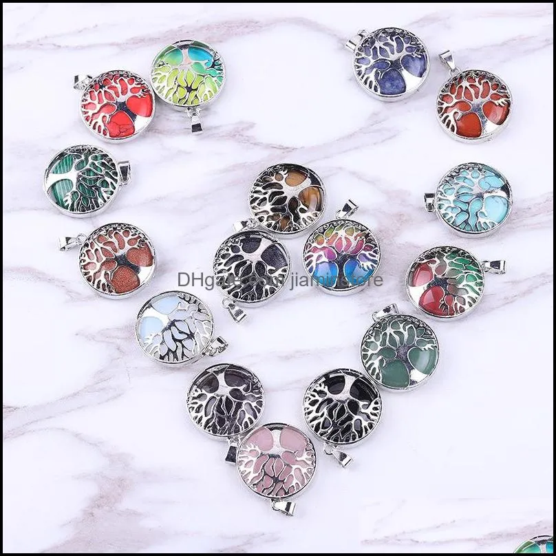 natural stone hollow tree of life pendant pink tigers eye healing crystal charms rose quartz for necklace jewelry making women