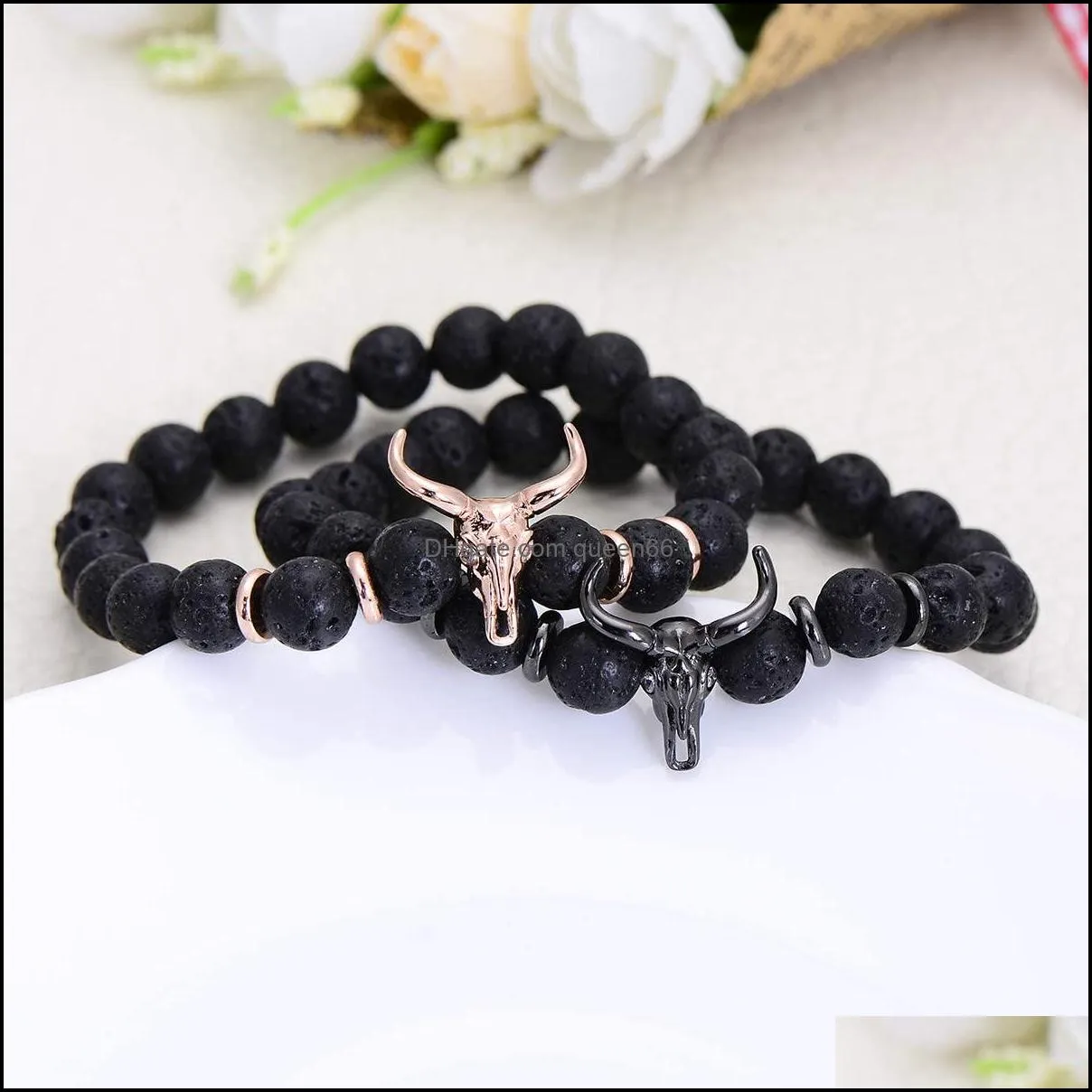 women jewelry bracelet strands punk cz bull head skull men fashion 8mm lava stone beads charm bracelets bangles macrame gift