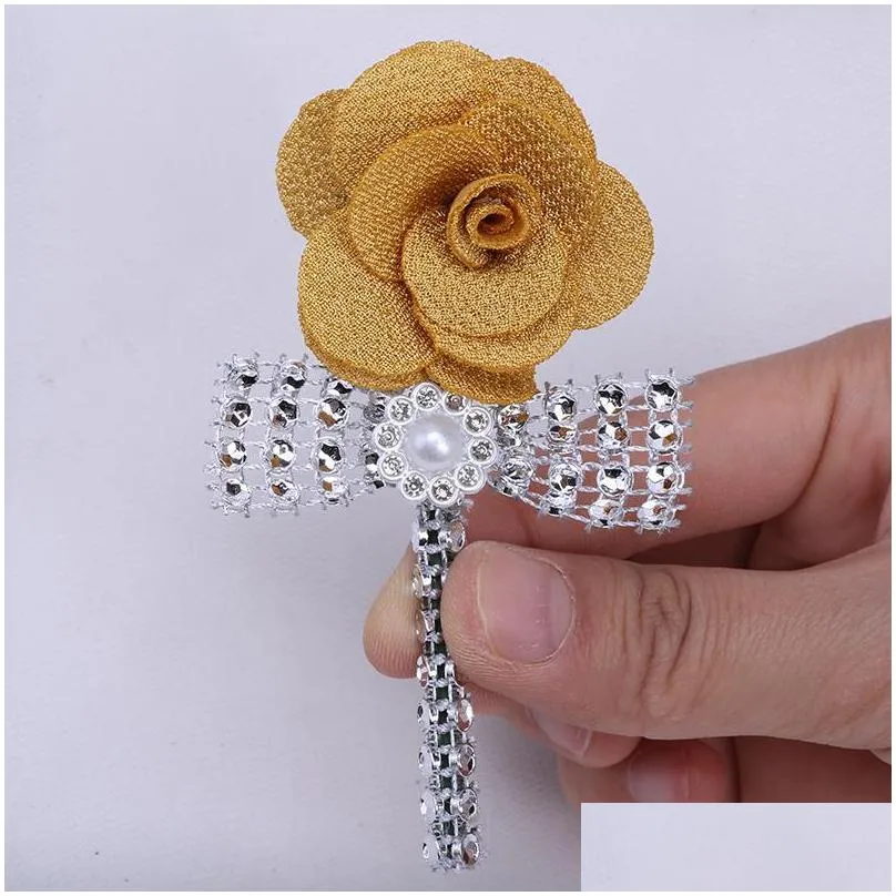 mens corsage rhinestone pearl light gold groom suit pin business party knot wedding dress accessories xh054 decorative flowers 