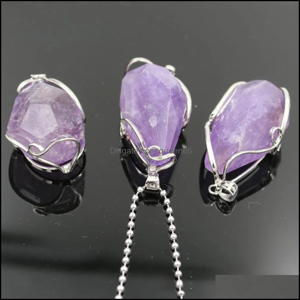 silver plated wire wrap irregular necklace cut gemstone healing energy natural crystal pendant necklaces amethyst powder tea