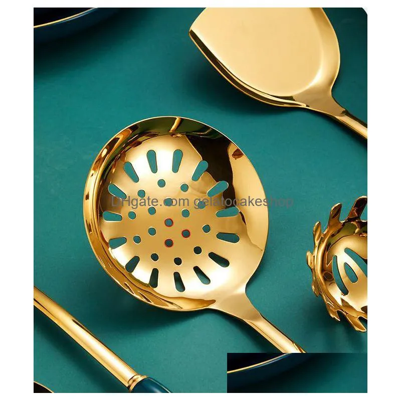 dark green gold cooking pots set stainless steel cookware set non stick spatula shovel spoon kitchen utensils accessories
