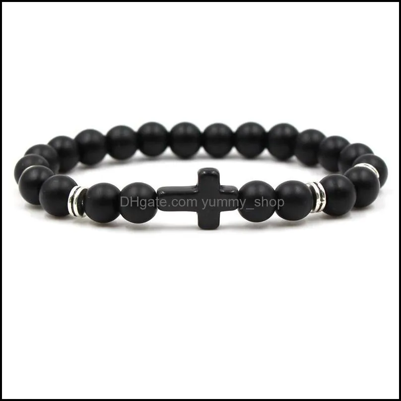 fashion unisex natural stone cross men bracelet hand work black onyx matte beaded bracelets